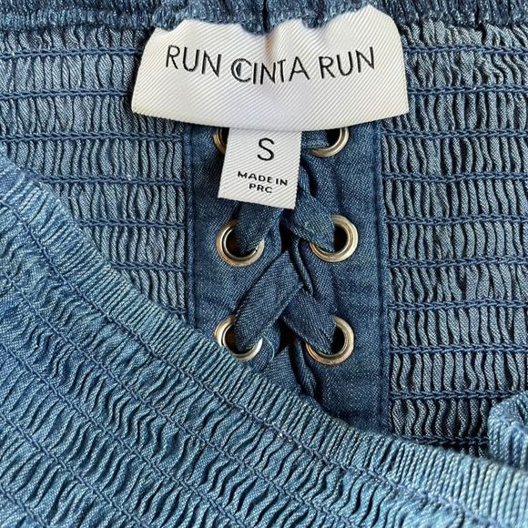 RUN CINTA RUN LF Smocked Strapless Halter Top Crop Lace Up Back Small - Picture 3 of 5